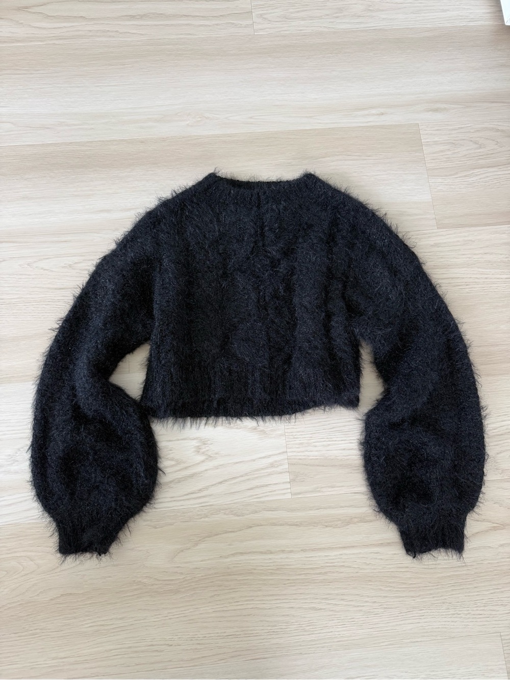 Urban Outfitters Black Fuzzy Cropped Sweater with Balloon Sleeves